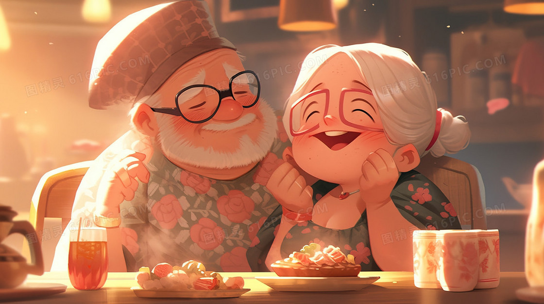 甜蜜恩爱的老年人夫妇插画