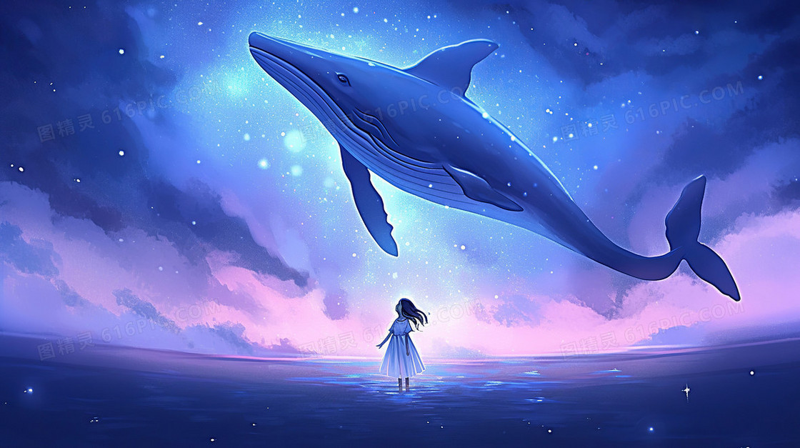 星空中女孩仰望鲸鱼的插画
