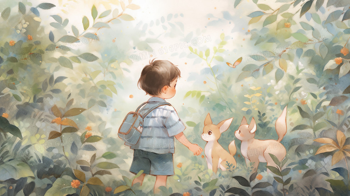 树林草丛中的男孩和动物插画