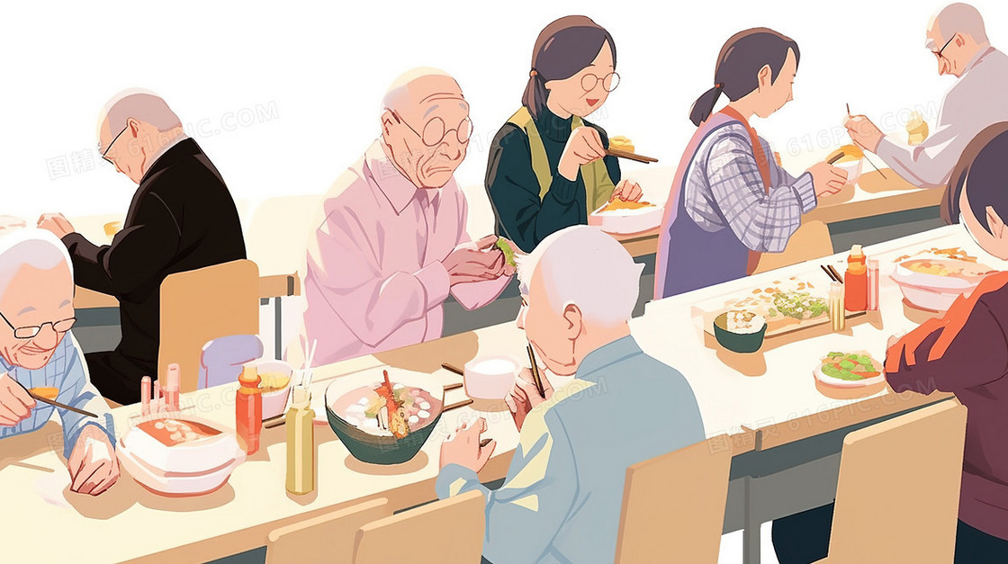 社区老年人饭堂插画