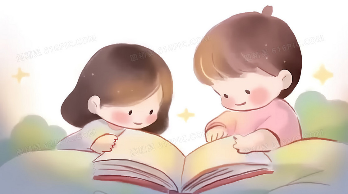 小孩们一起阅读故事书插画