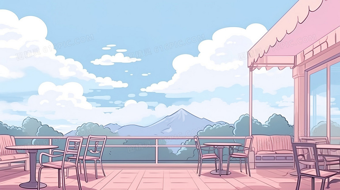 阳台上的粉色休闲座椅风景插画