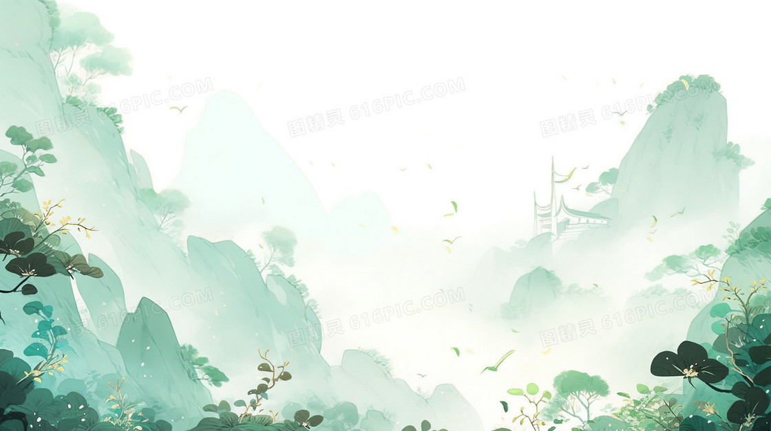 山雾袅绕的俊山树木中国山水插画