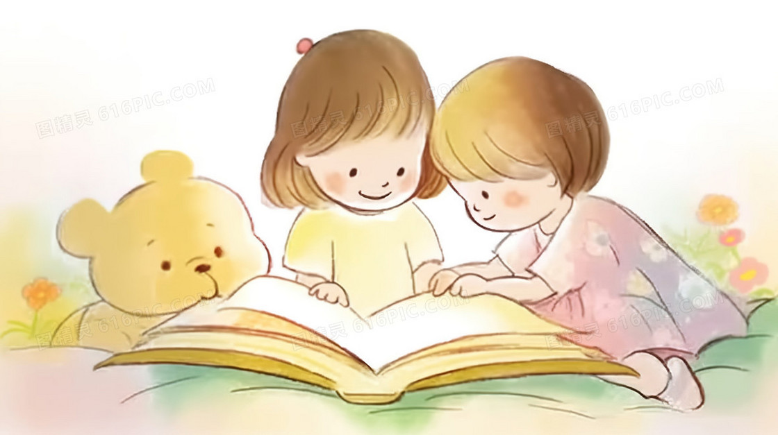小孩们一起阅读故事书插画