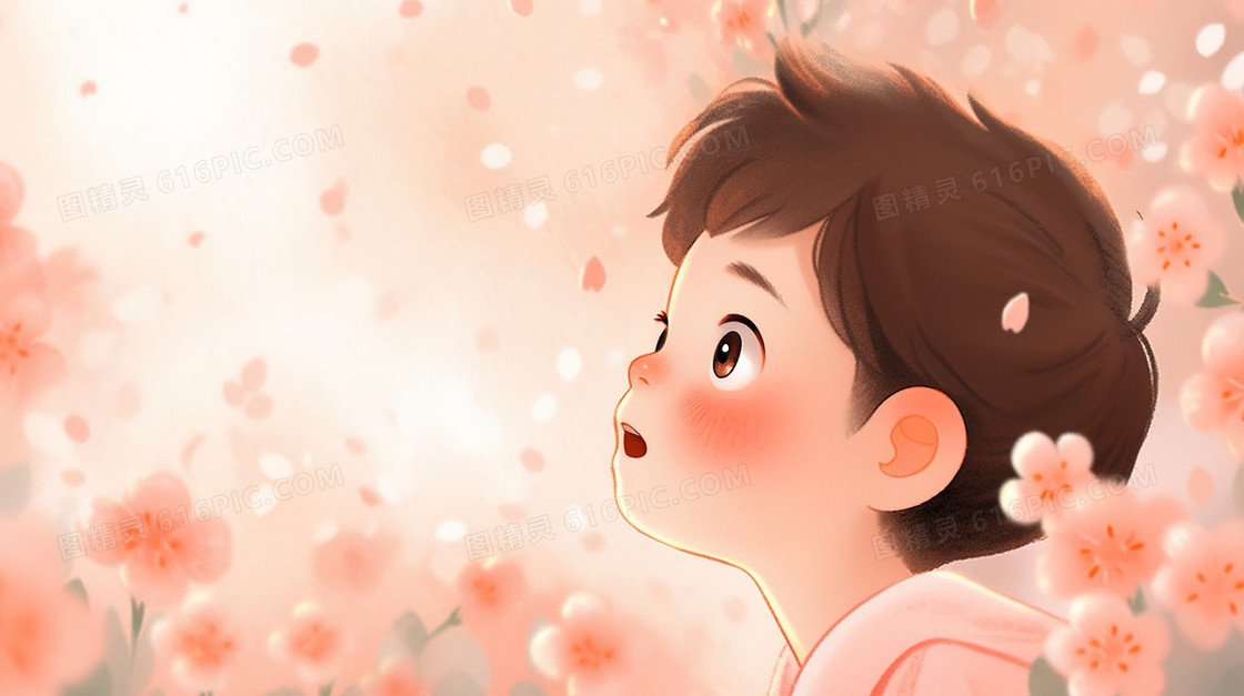 春天粉色花朵中的小男孩插画