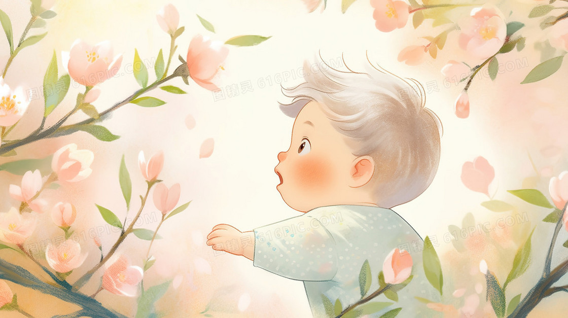 春天粉色花朵中的小男孩插画
