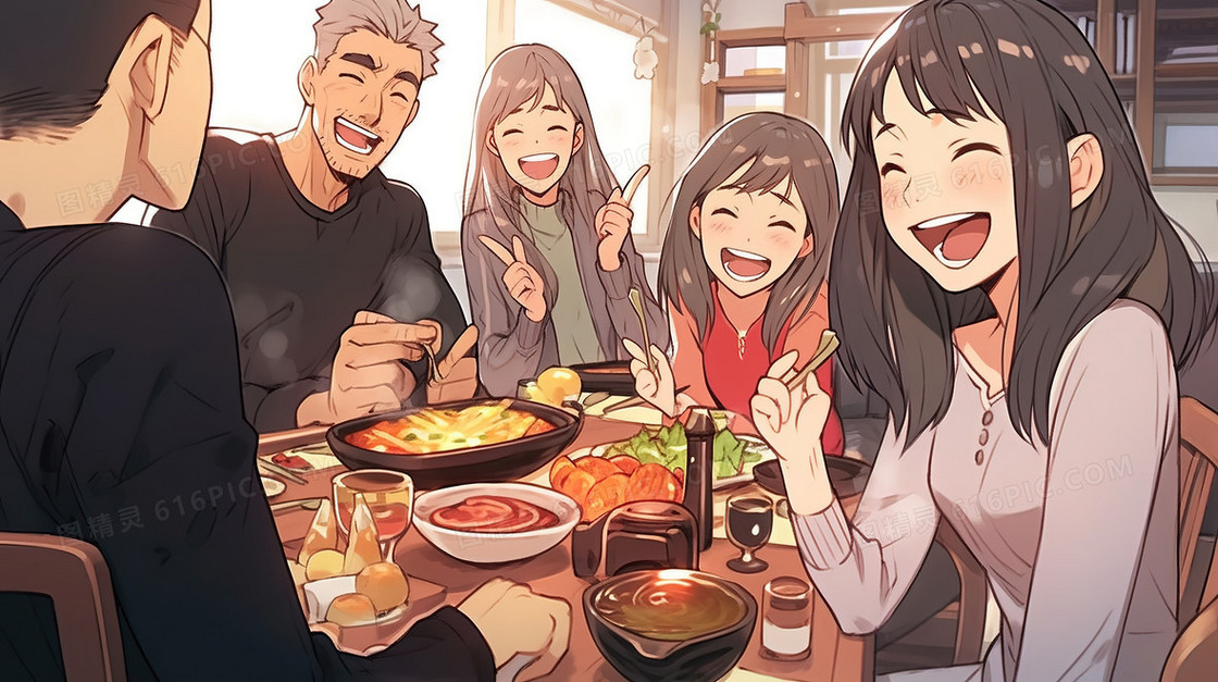 朋友们聚在一起享用美食插画