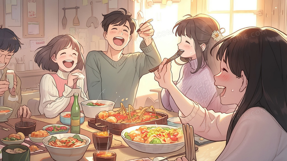 朋友们聚在一起享用美食插画