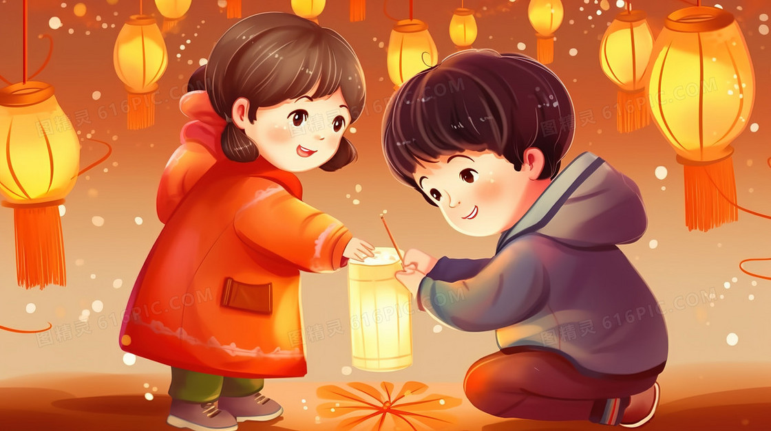 春节里点亮灯笼的孩子们插画
