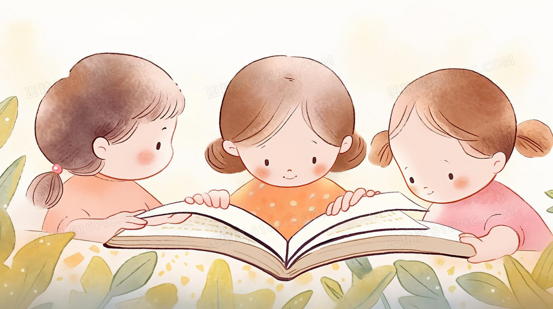 在一起看书的小女孩们插画