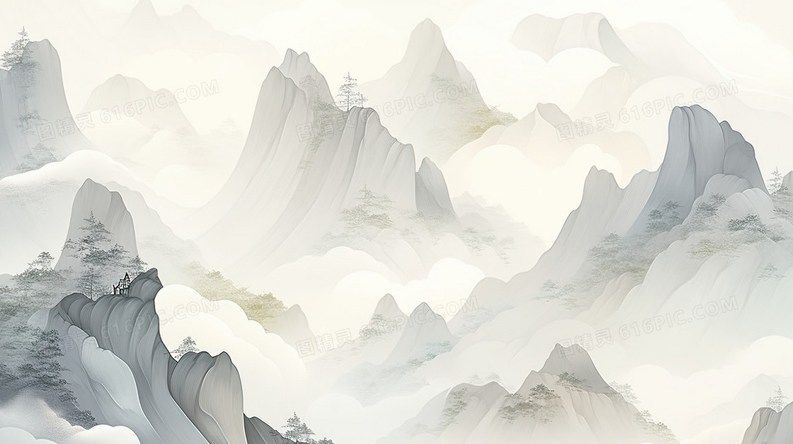 黑白中国风山水水墨风景插画