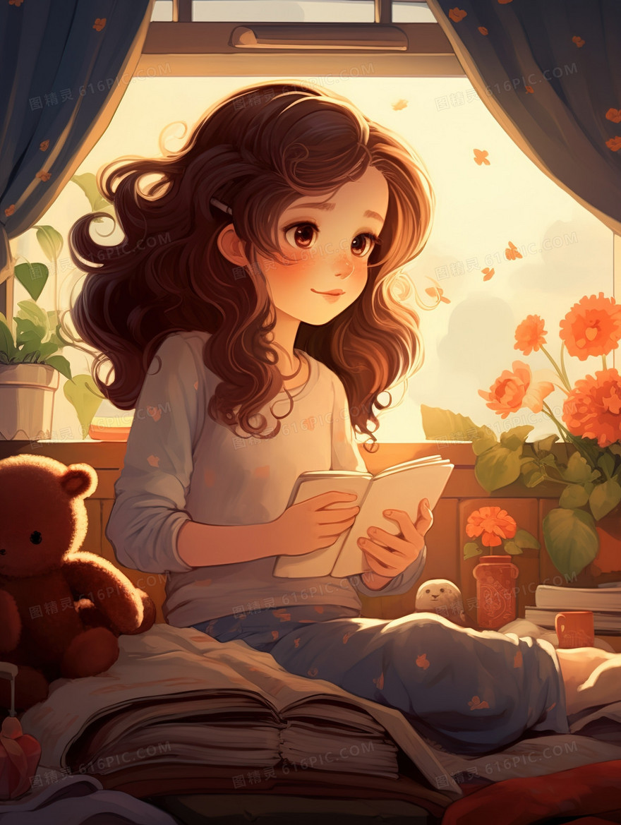 坐在床上看书的女孩插画