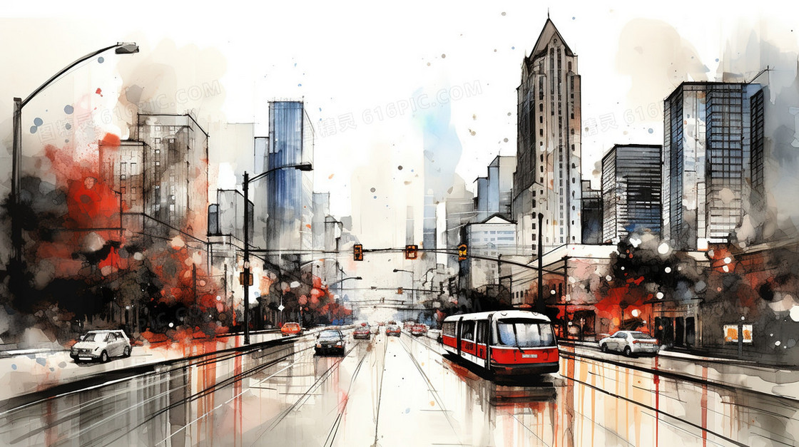 市中心主干道马路旁的高楼大厦插画