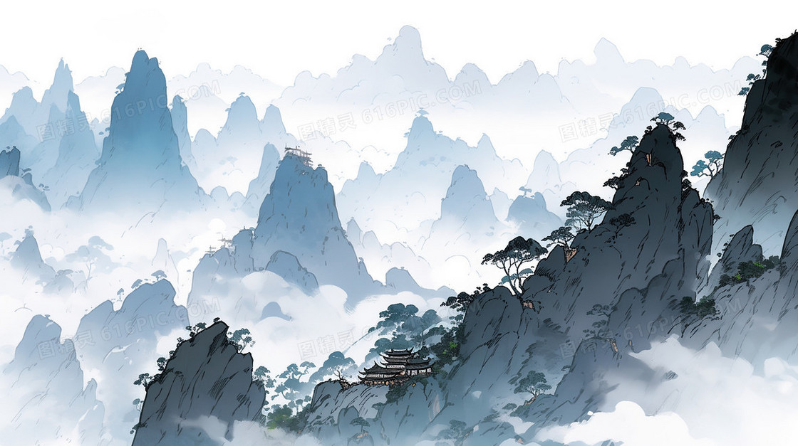 黑白中国风山水风景插画