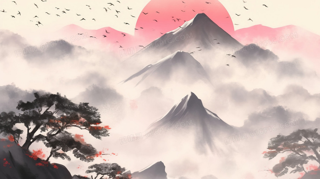 中国风夕阳水墨山水风景插画