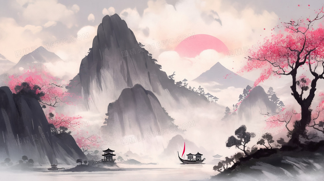 中国风夕阳水墨山水风景插画