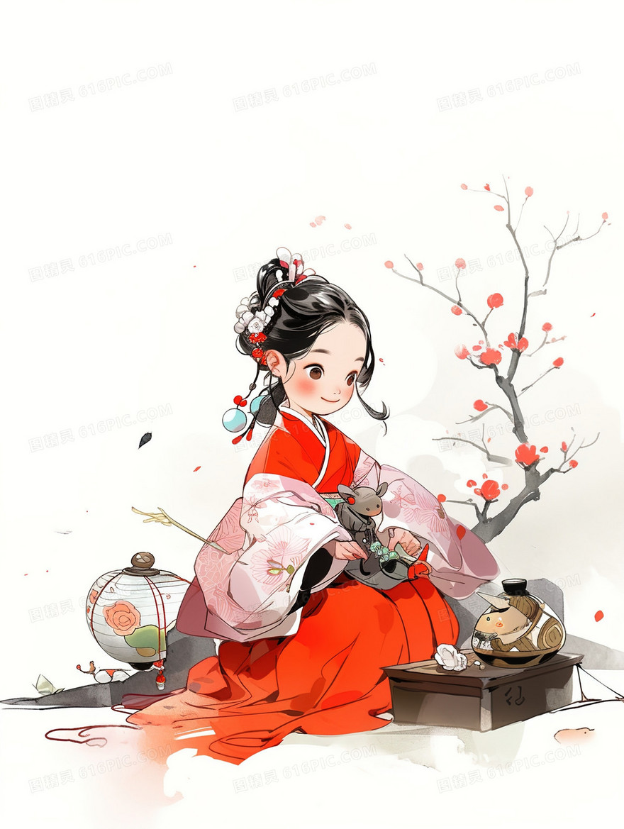 红色中国风古典美丽女子插画