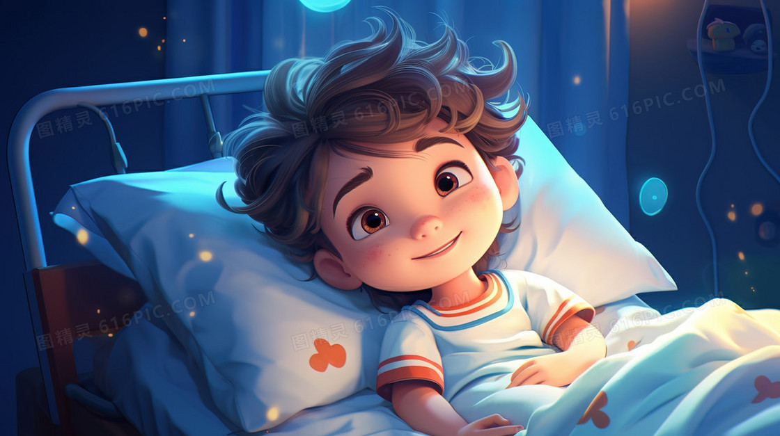 3D躺在病床上的小男孩插画
