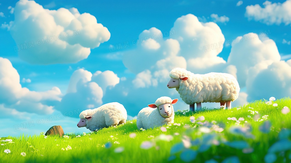唯美小清新蓝天白云下的绵羊插画