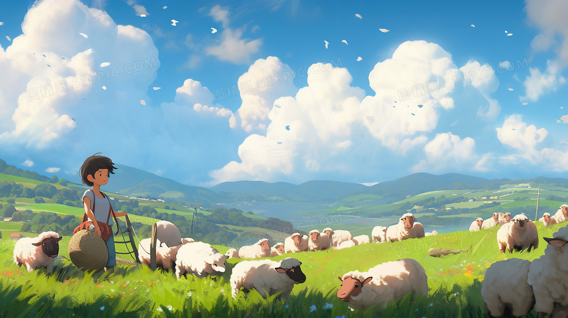 蓝天白云草地上的男孩和羊群插画