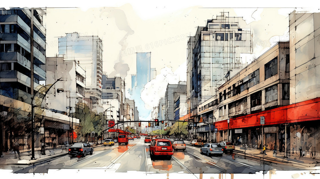 市中心主干道马路旁的高楼大厦插画