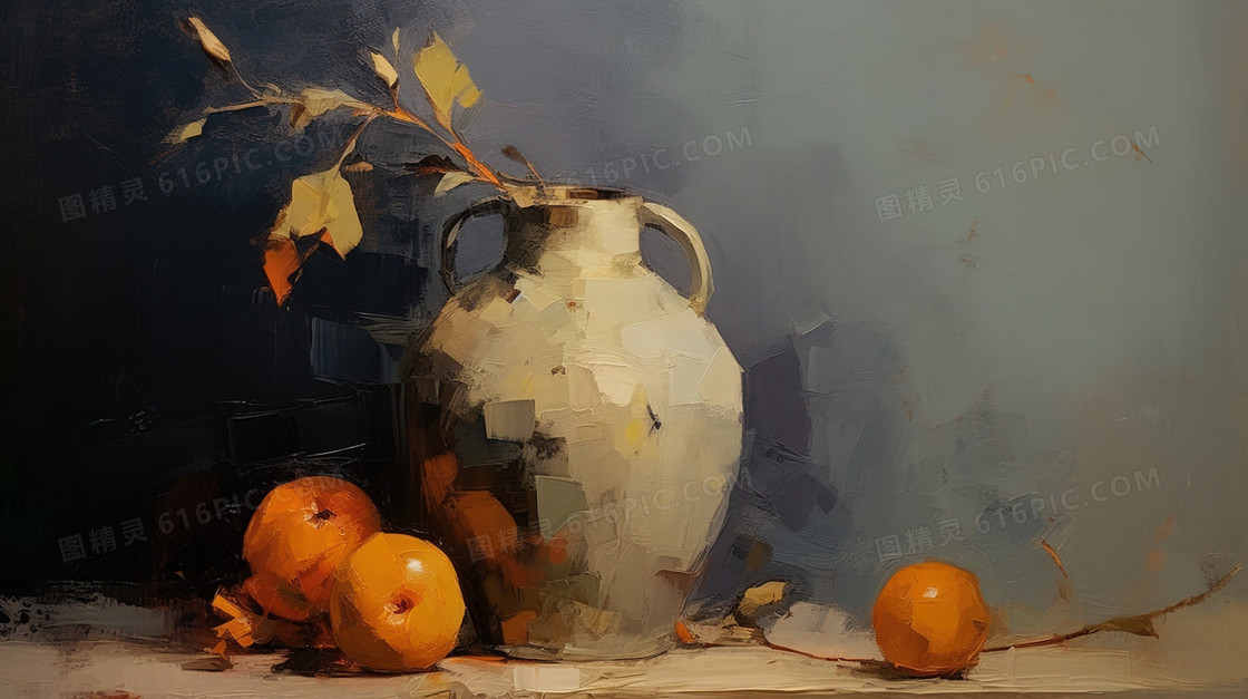 桌面上插着鲜花的花瓶与几个橙子油画插画