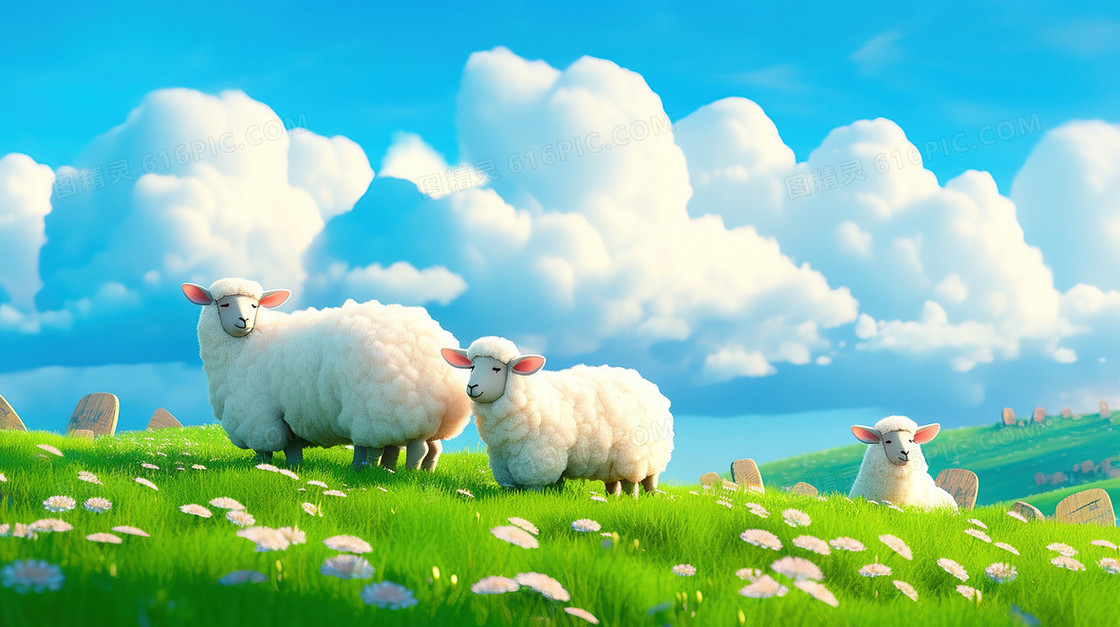 唯美清新蓝天白云下的绵羊插画