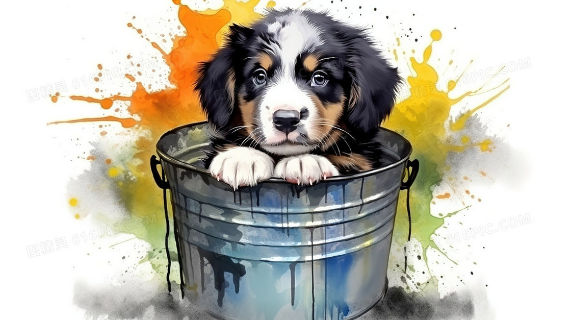 铁桶里的伯恩山幼犬插画