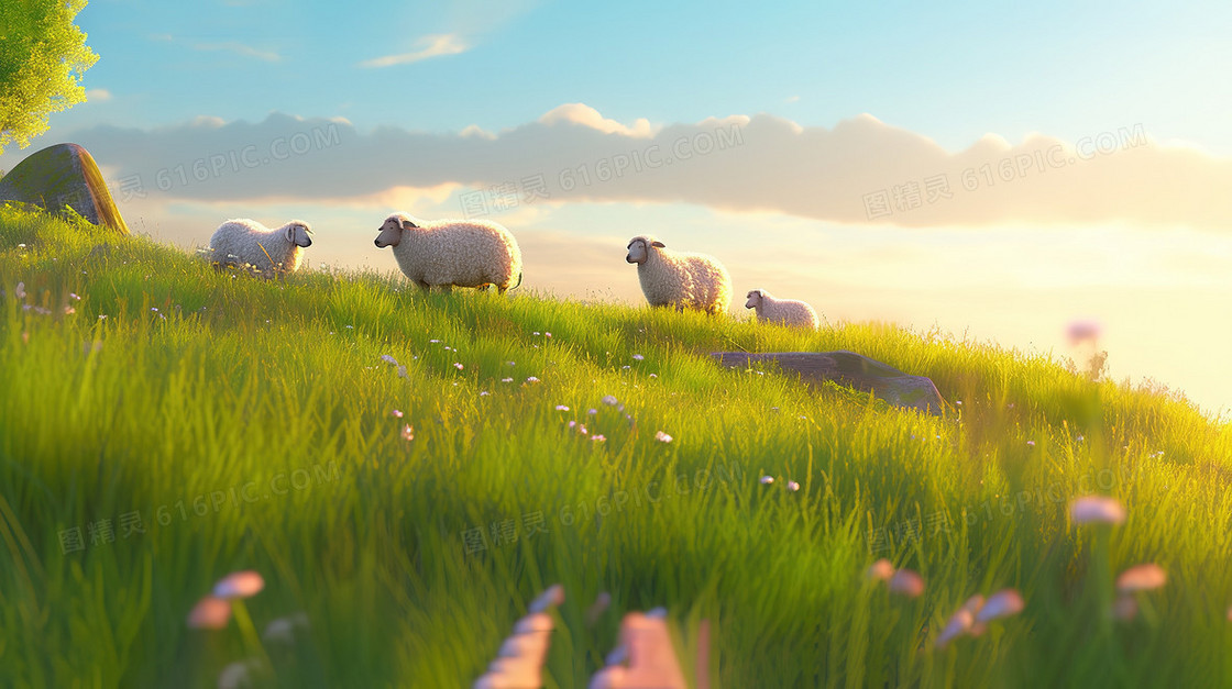 绿色唯美春天草地上的绵羊插画