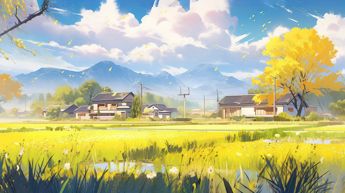 蓝天白云乡村春天草地景色插画