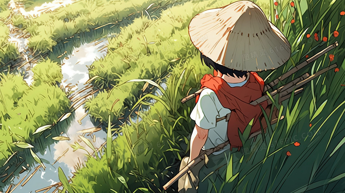 一个在稻田里沉思的小男孩插画