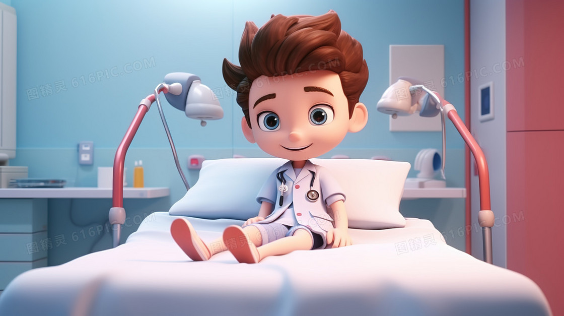 3D坐在病床上的男孩插画