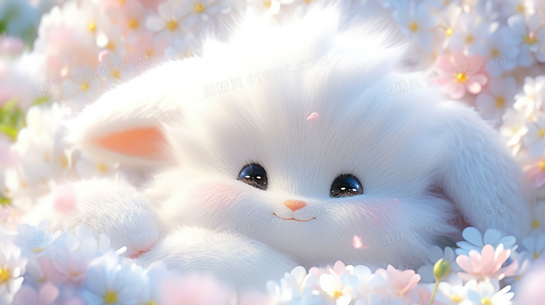 白色春天坐在草地上的猫咪插画