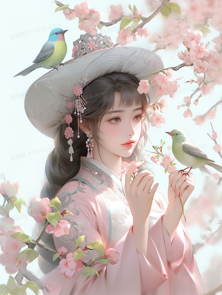 粉色戴帽子中式国风少女插画