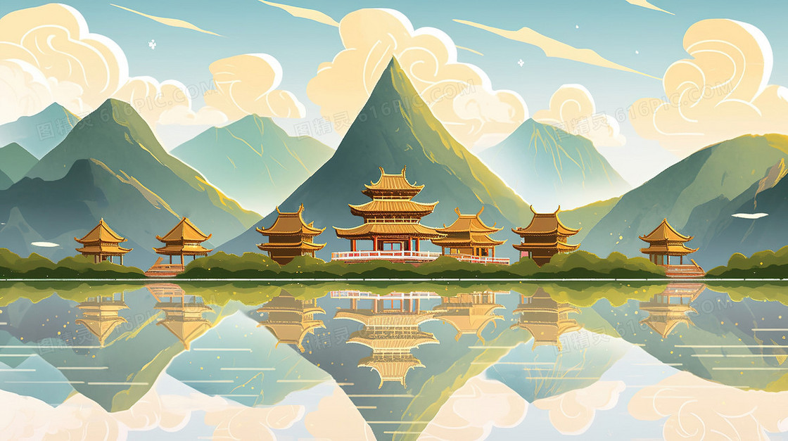 唯美中国风建筑春天山水景色插画