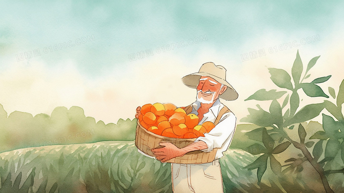 秋季农民伯伯抱着丰收的橙子插画