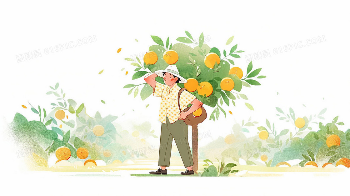 秋季农民伯伯抱着丰收的橙子插画