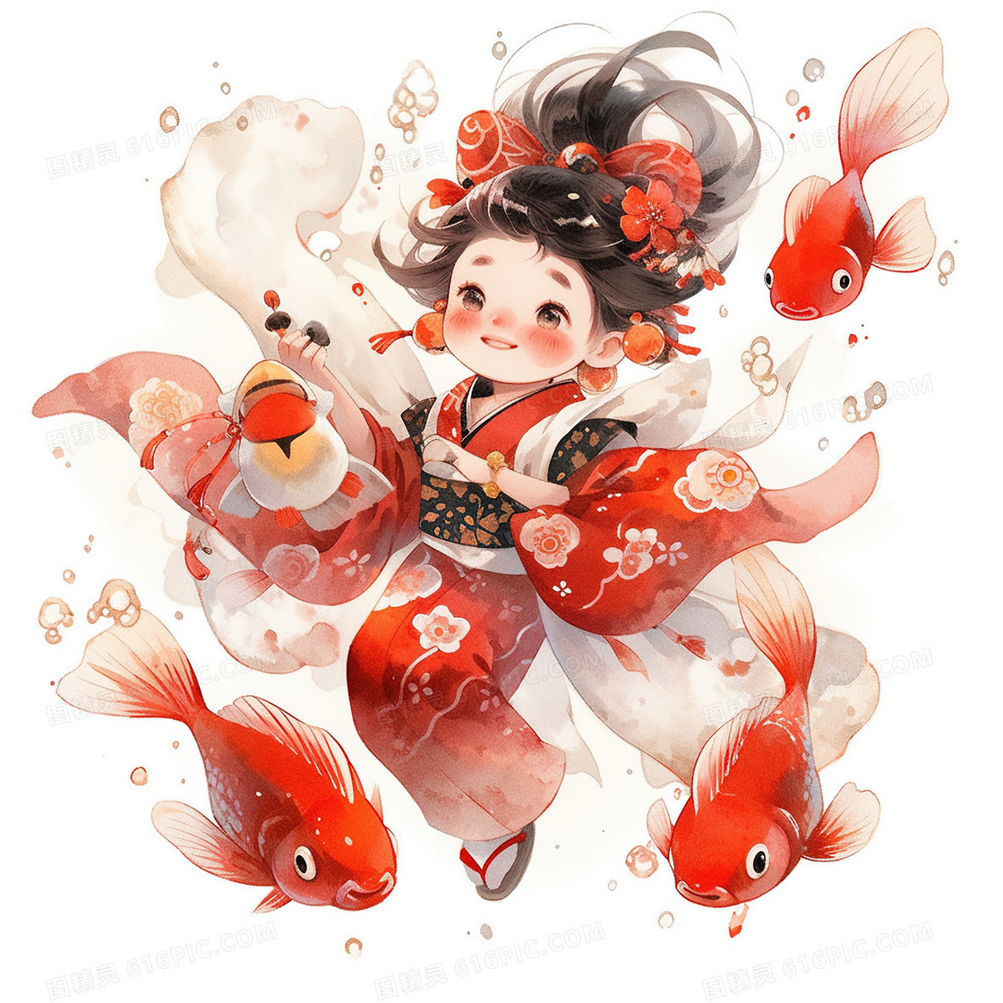 红色喜庆年画锦鲤娃娃插画