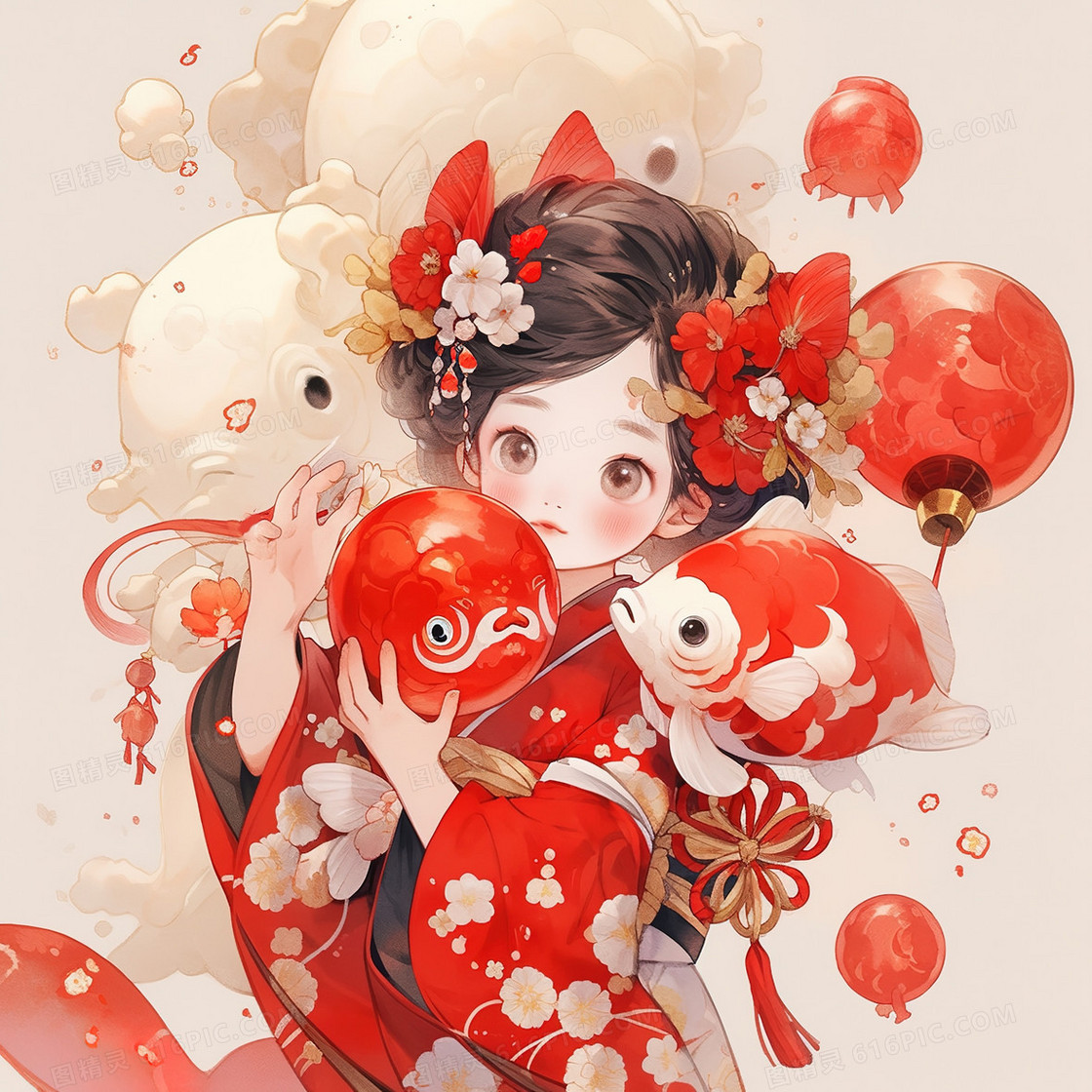 红色喜庆年画锦鲤娃娃插画