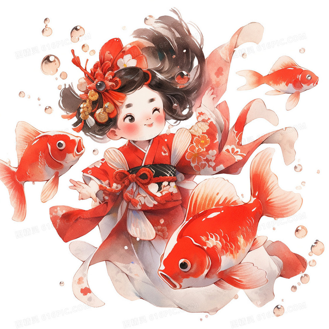 红色喜庆年画锦鲤娃娃插画