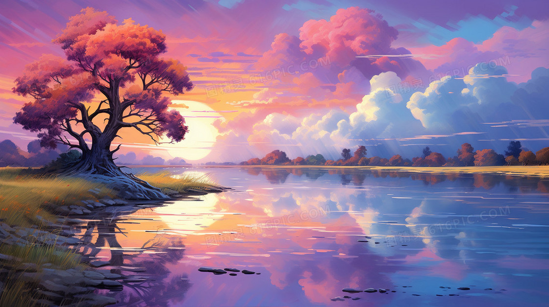 梦幻彩色湖泊上的日落晚霞美景插画