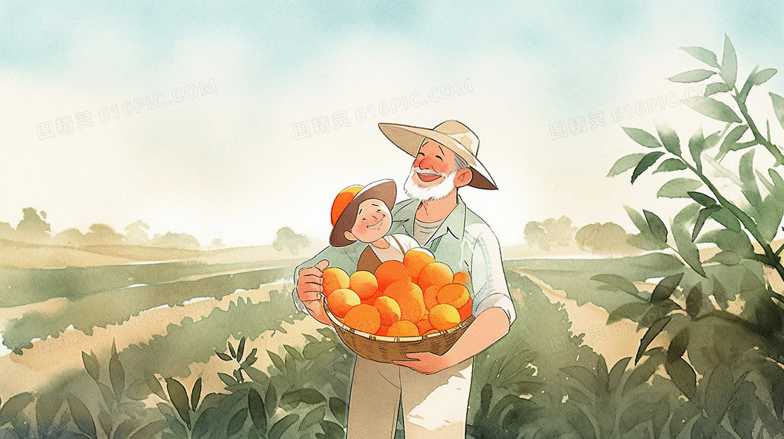 秋天农民伯伯抱着丰收的橙子插画