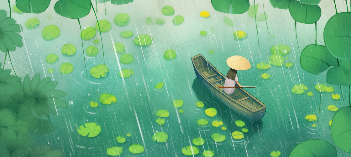 夏季下雨天女孩撑伞划船插画
