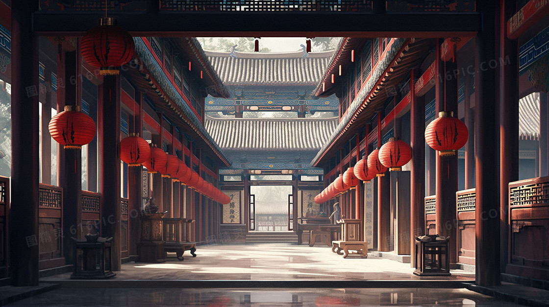 唯美中式建筑走廊风景插画
