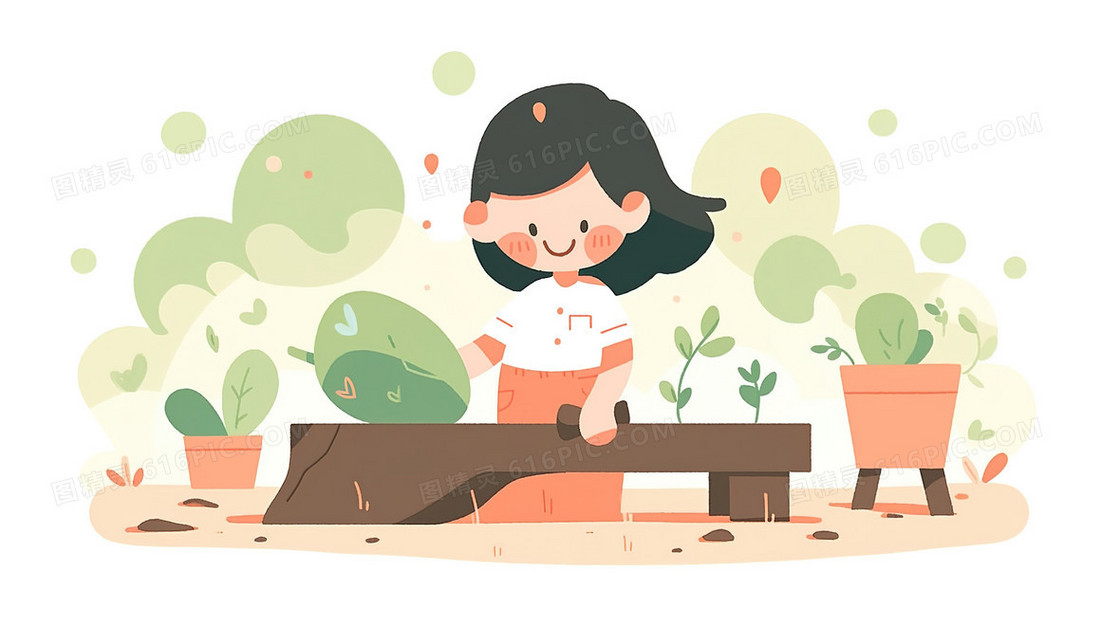 一个可爱的女孩在种植盆栽插画
