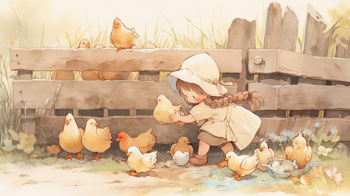 可爱小女孩照顾小鸡小鸭插画
