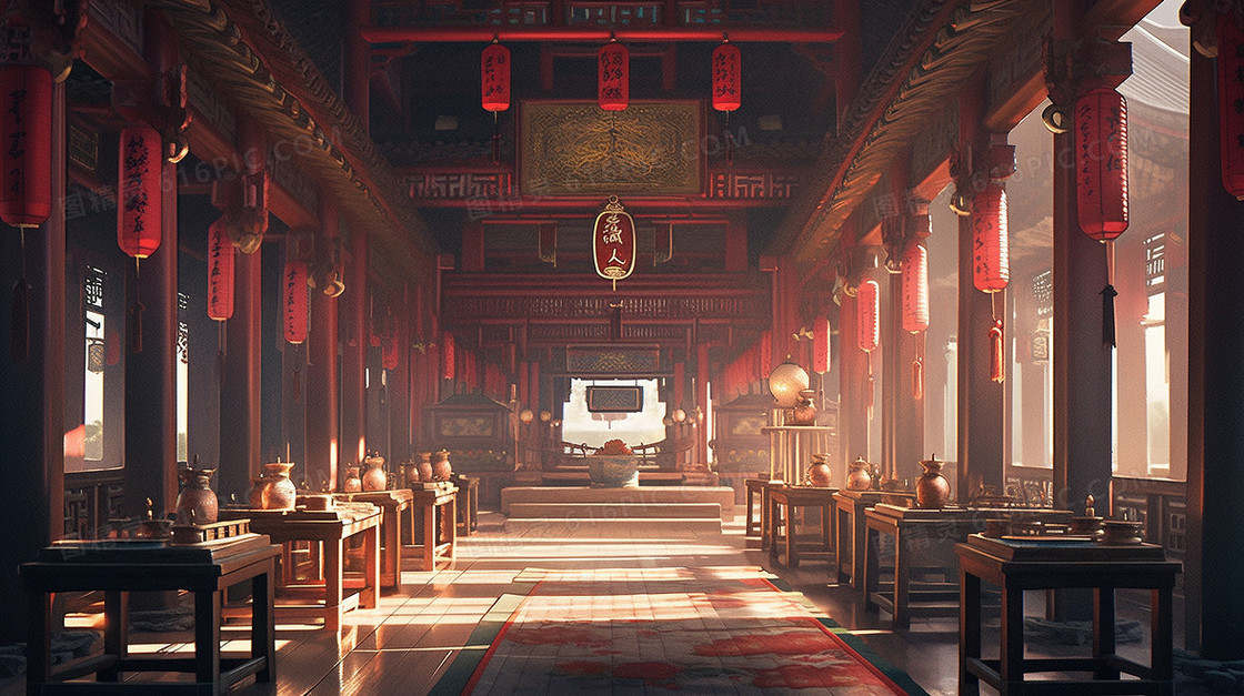 唯美中式建筑走廊风景插画