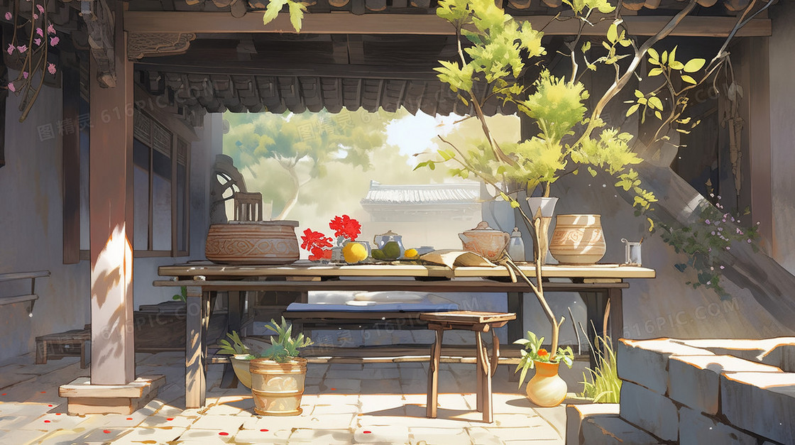 中国农村庭院里吃饭插画