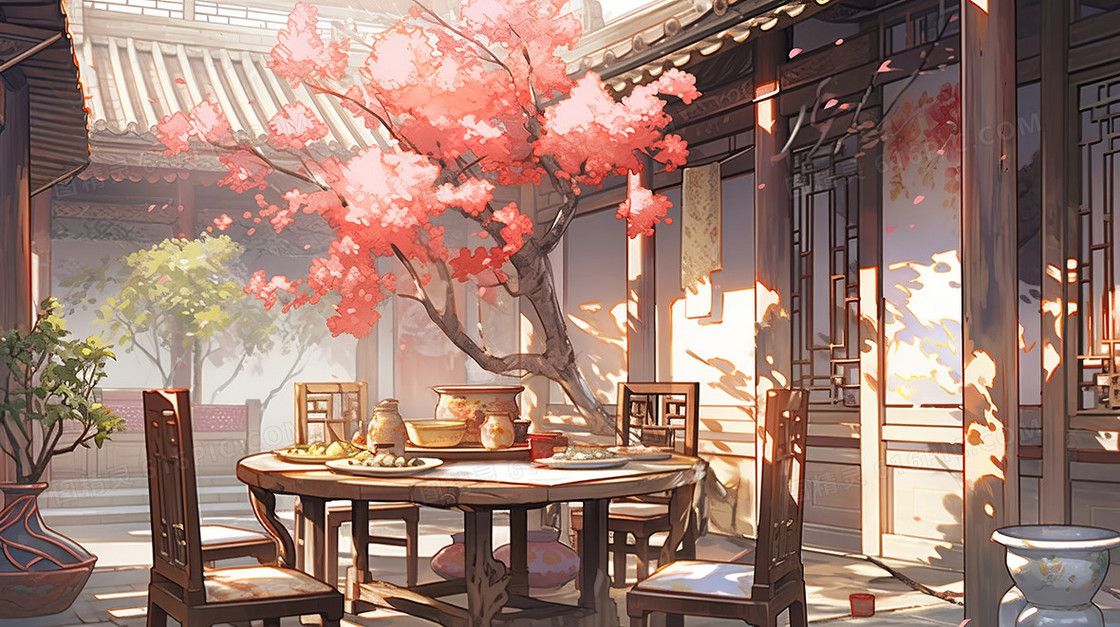 中国农村庭院里吃饭插画