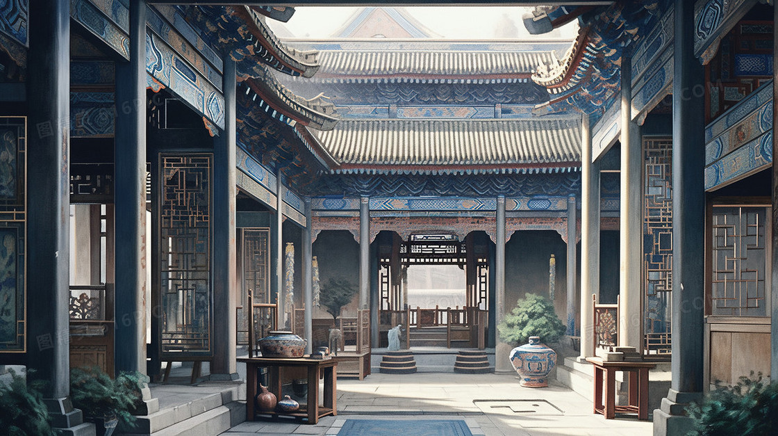 中国古代中式建筑插画